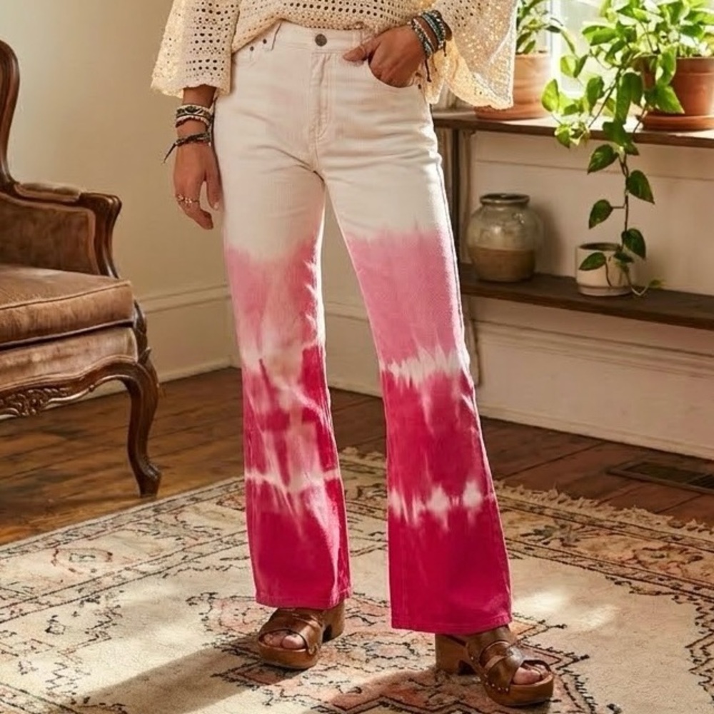 FISHBONE Rare Pink Ombre Tie-Dye Flare Pants Y2K Boho Bell Bottoms Festival 28